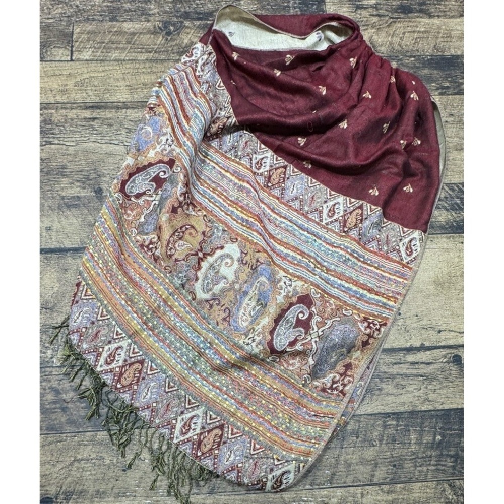 Vintage Style‎ Knit Burgundy Gold Pashmina Scarf Wrap Shawl